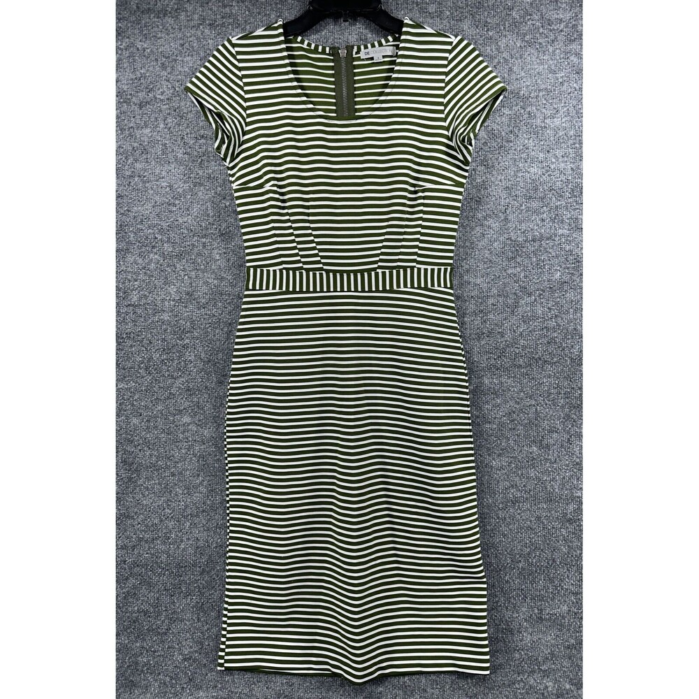 Women's Short Sleeve Dress‎ Size S Green White Scoop Neck Midi Casual Striped